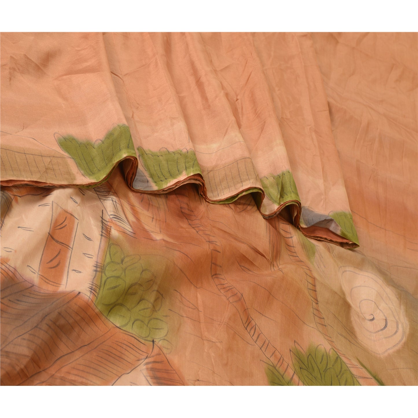 Sanskriti Vintage Sarees Brown Scenery Printed 100% Pure Silk Sari Craft Sustainable Fabric