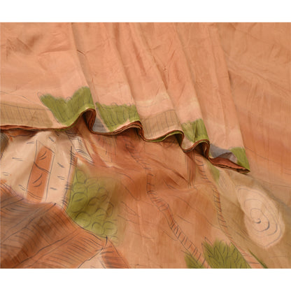 Sanskriti Vintage Sarees Brown Scenery Printed 100% Pure Silk Sari Craft Sustainable Fabric