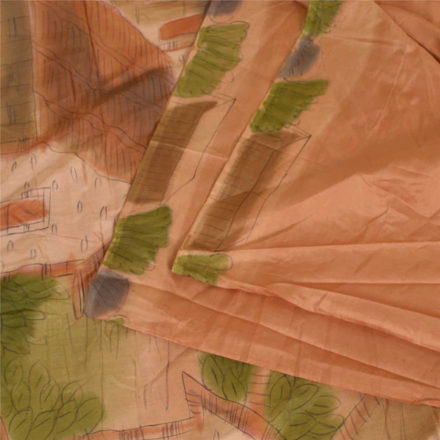 Sanskriti Vintage Sarees Brown Scenery Printed 100% Pure Silk Sari Craft Sustainable Fabric