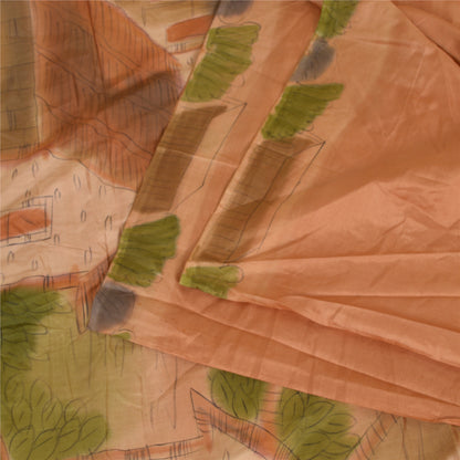 Sanskriti Vintage Sarees Brown Scenery Printed 100% Pure Silk Sari Craft Sustainable Fabric