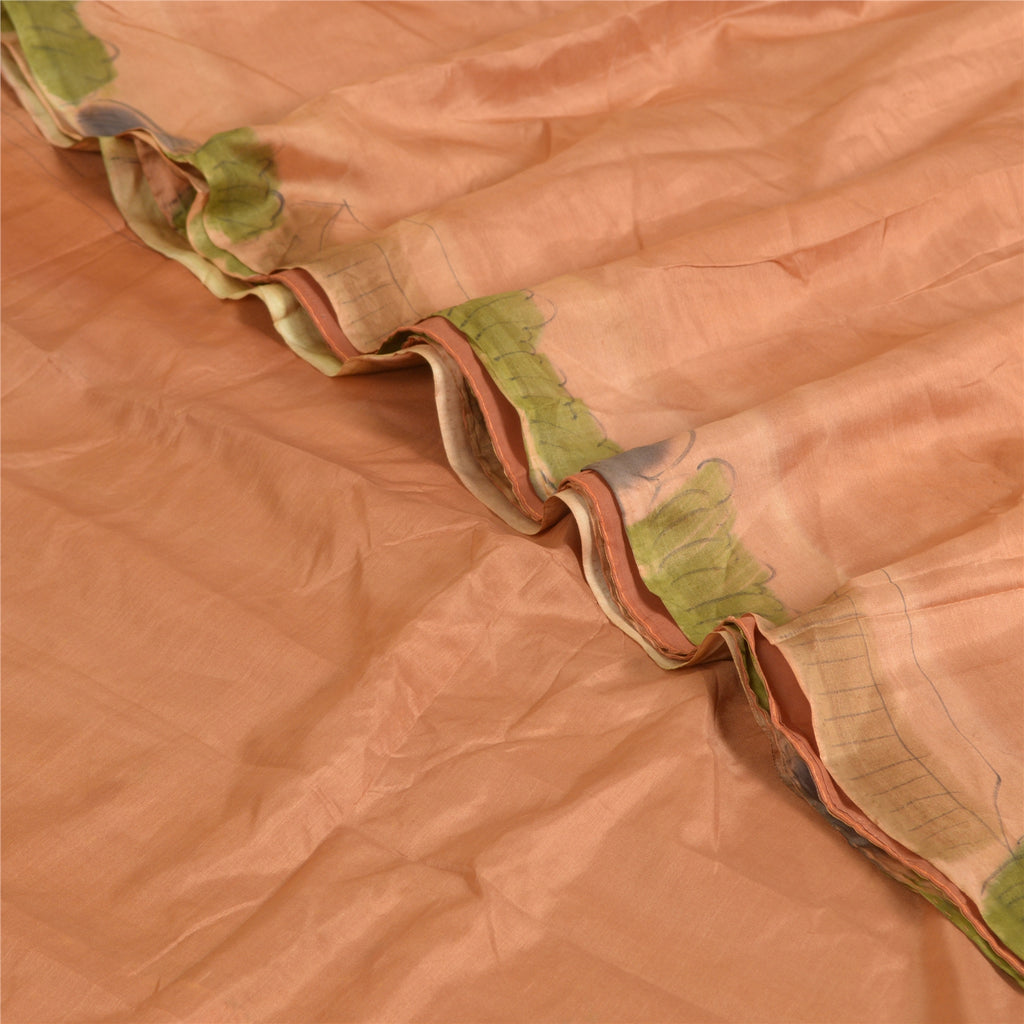 Sanskriti Vintage Sarees Brown Scenery Printed 100% Pure Silk Sari Craft Sustainable Fabric