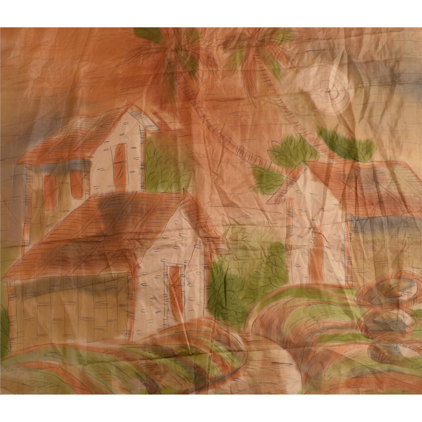 Sanskriti Vintage Sarees Brown Scenery Printed 100% Pure Silk Sari Craft Sustainable Fabric