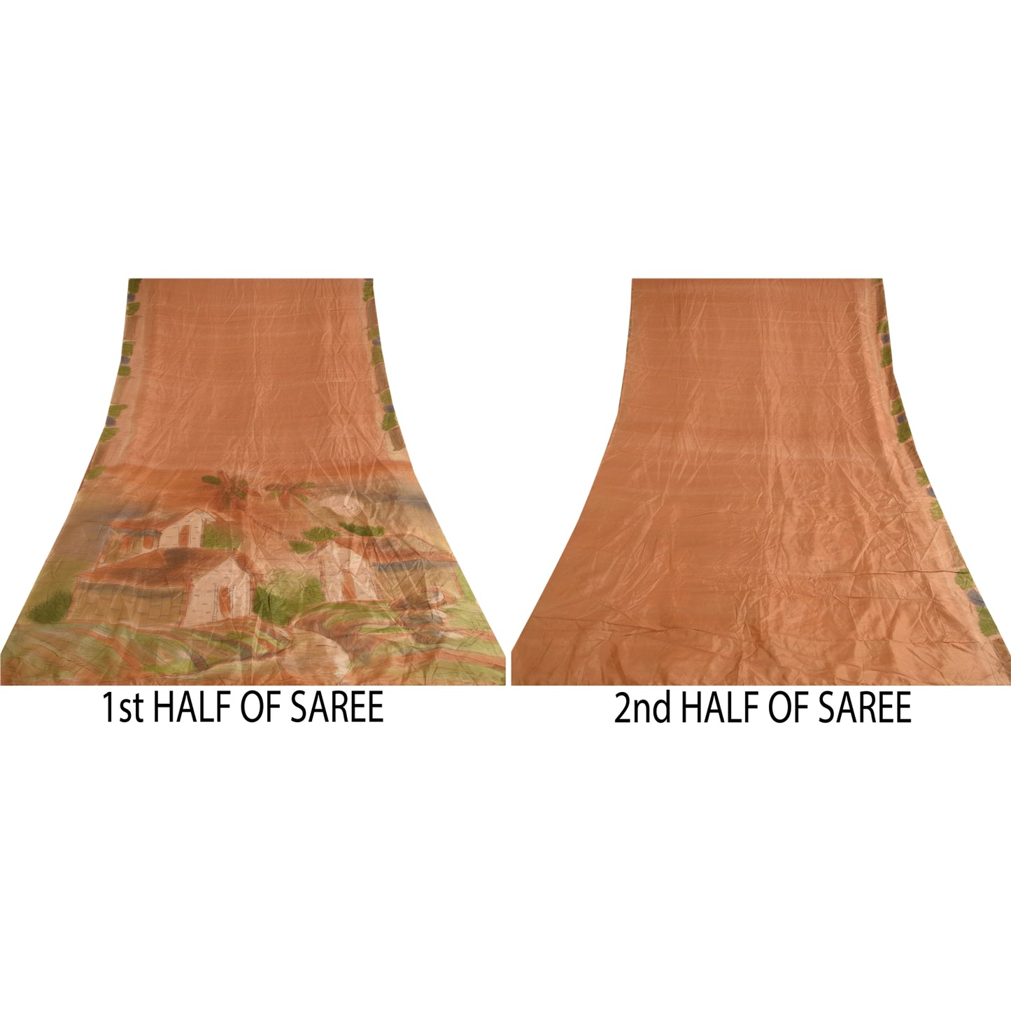 Sanskriti Vintage Sarees Brown Scenery Printed 100% Pure Silk Sari Craft Sustainable Fabric