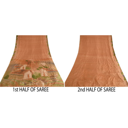 Sanskriti Vintage Sarees Brown Scenery Printed 100% Pure Silk Sari Craft Sustainable Fabric