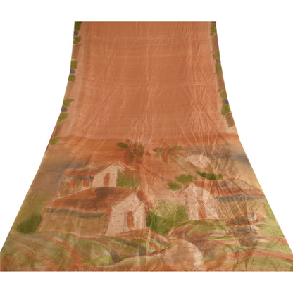 Sanskriti Vintage Sarees Brown Scenery Printed 100% Pure Silk Sari Craft Sustainable Fabric