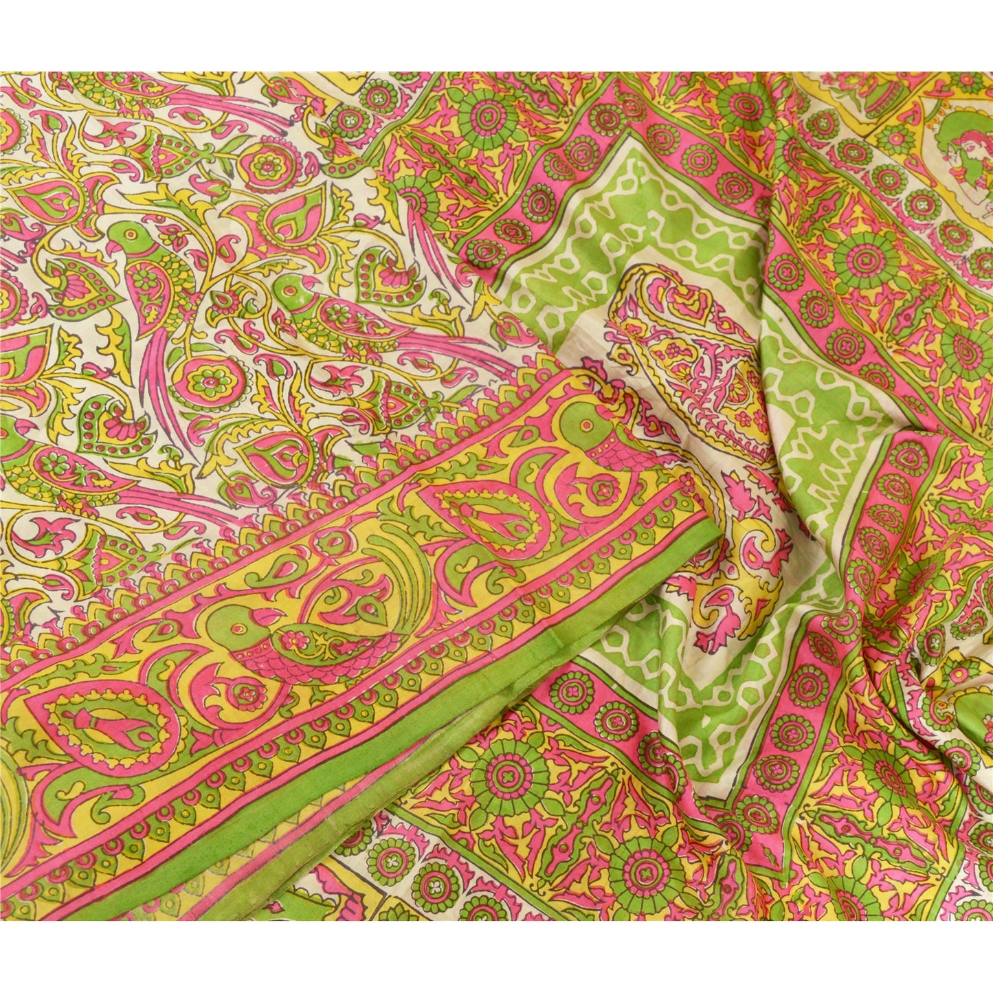 Sanskriti Vintage Sarees Indian Women Parrot Printed Pure Silk Sari Craft Sustainable Fabric