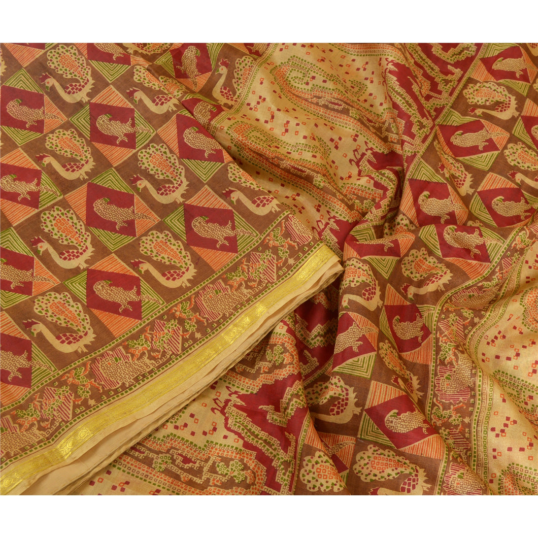 Sanskriti Vintage Sarees Multi Zari Border Pure Silk Printed Sari Craft Fabric
