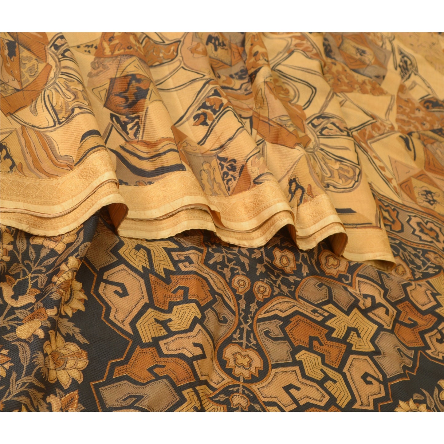 Sanskriti Vintage Sarees Indian Light-Brown Pure Silk Printed Sari Craft Sustainable Fabric