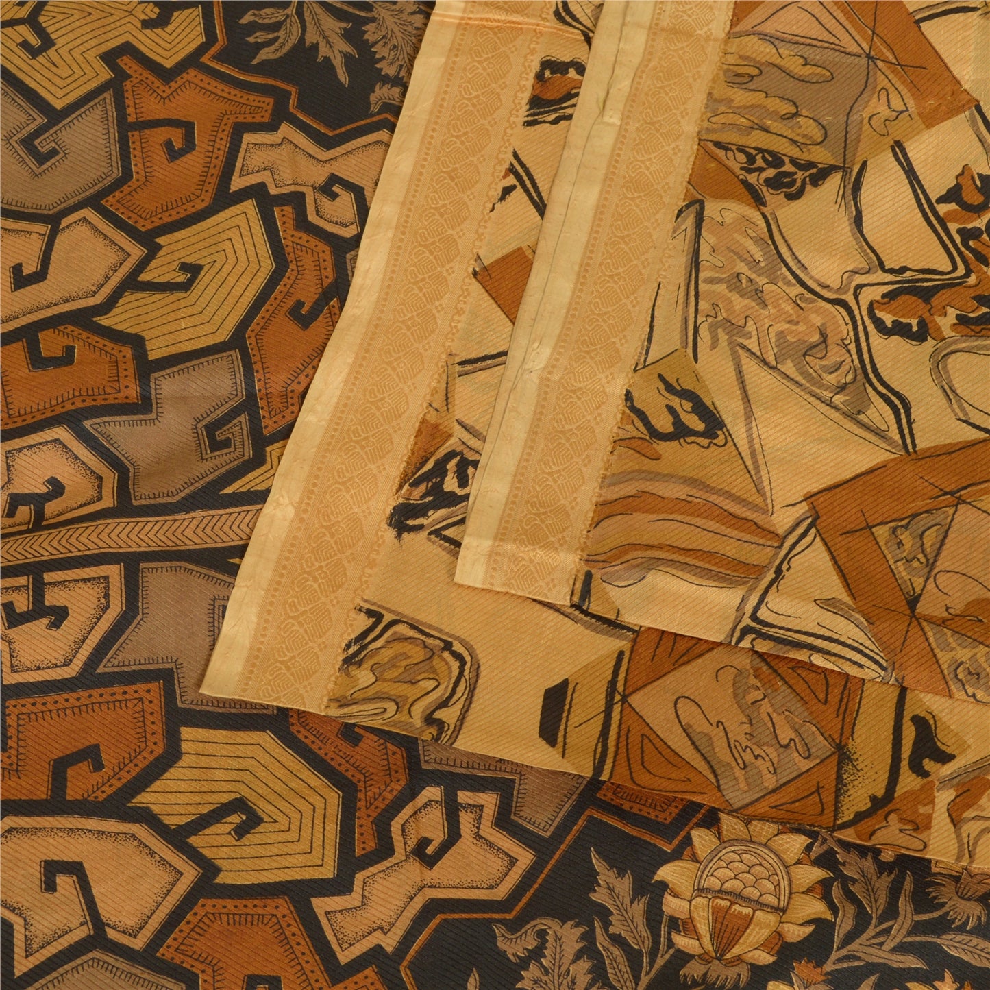 Sanskriti Vintage Sarees Indian Light-Brown Pure Silk Printed Sari Craft Sustainable Fabric