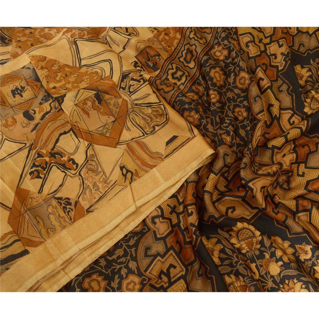 Sanskriti Vintage Sarees Indian Light-Brown Pure Silk Printed Sari Craft Fabric