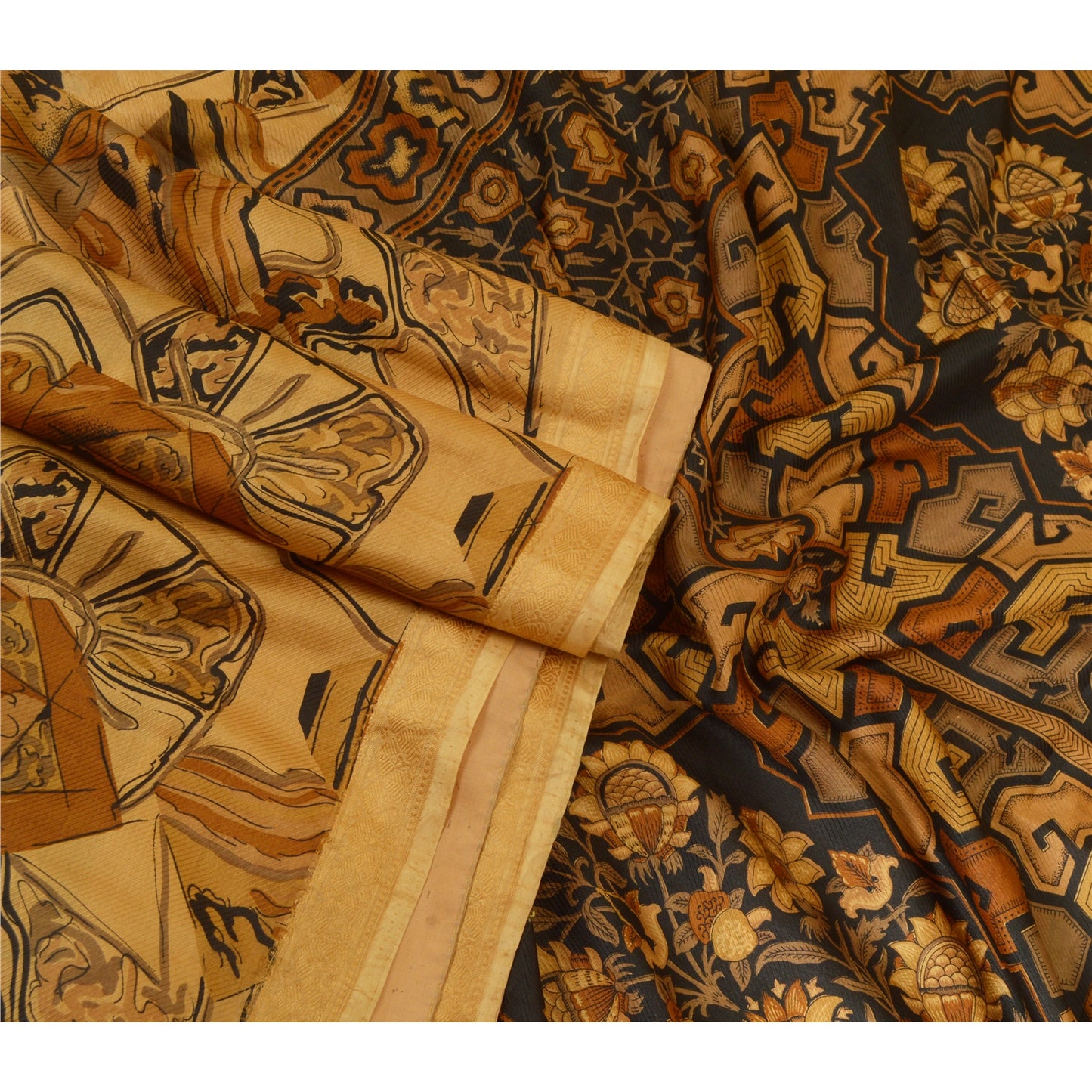 Sanskriti Vintage Sarees Indian Light-Brown Pure Silk Printed Sari Craft Sustainable Fabric
