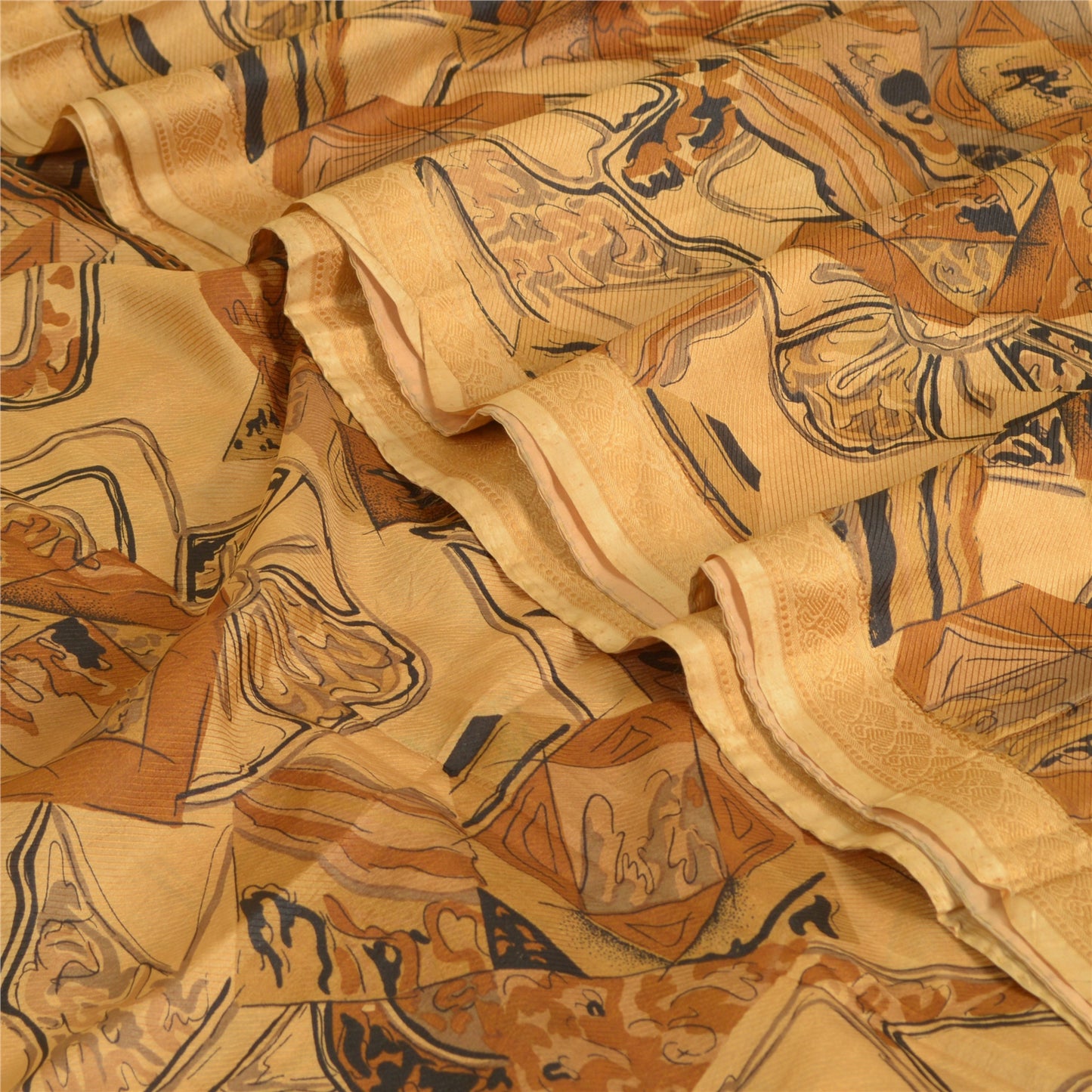 Sanskriti Vintage Sarees Indian Light-Brown Pure Silk Printed Sari Craft Sustainable Fabric