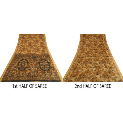 Sanskriti Vintage Sarees Indian Light-Brown Pure Silk Printed Sari Craft Sustainable Fabric