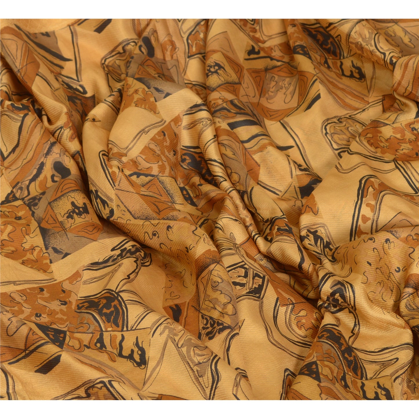 Sanskriti Vintage Sarees Indian Light-Brown Pure Silk Printed Sari Craft Sustainable Fabric