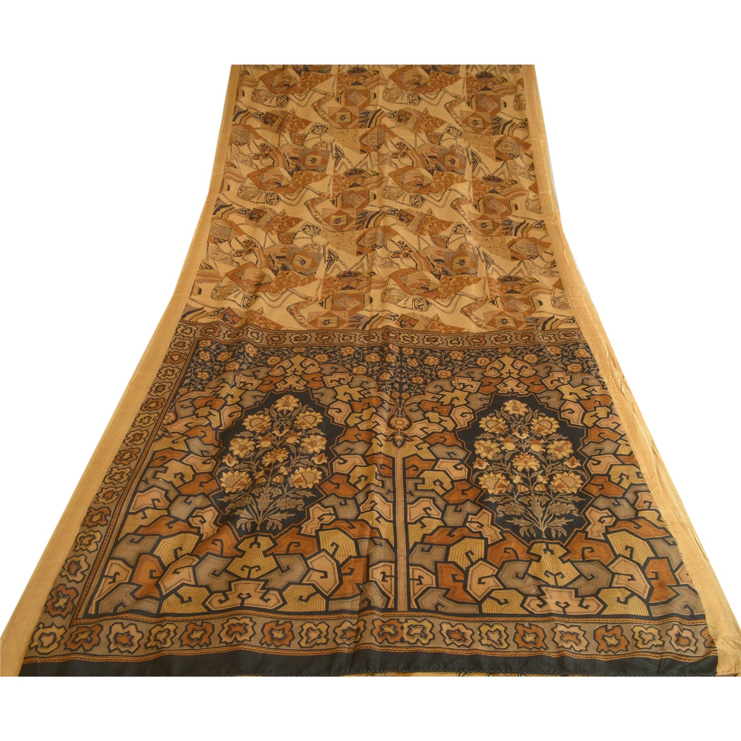 Sanskriti Vintage Sarees Indian Light-Brown Pure Silk Printed Sari Craft Sustainable Fabric