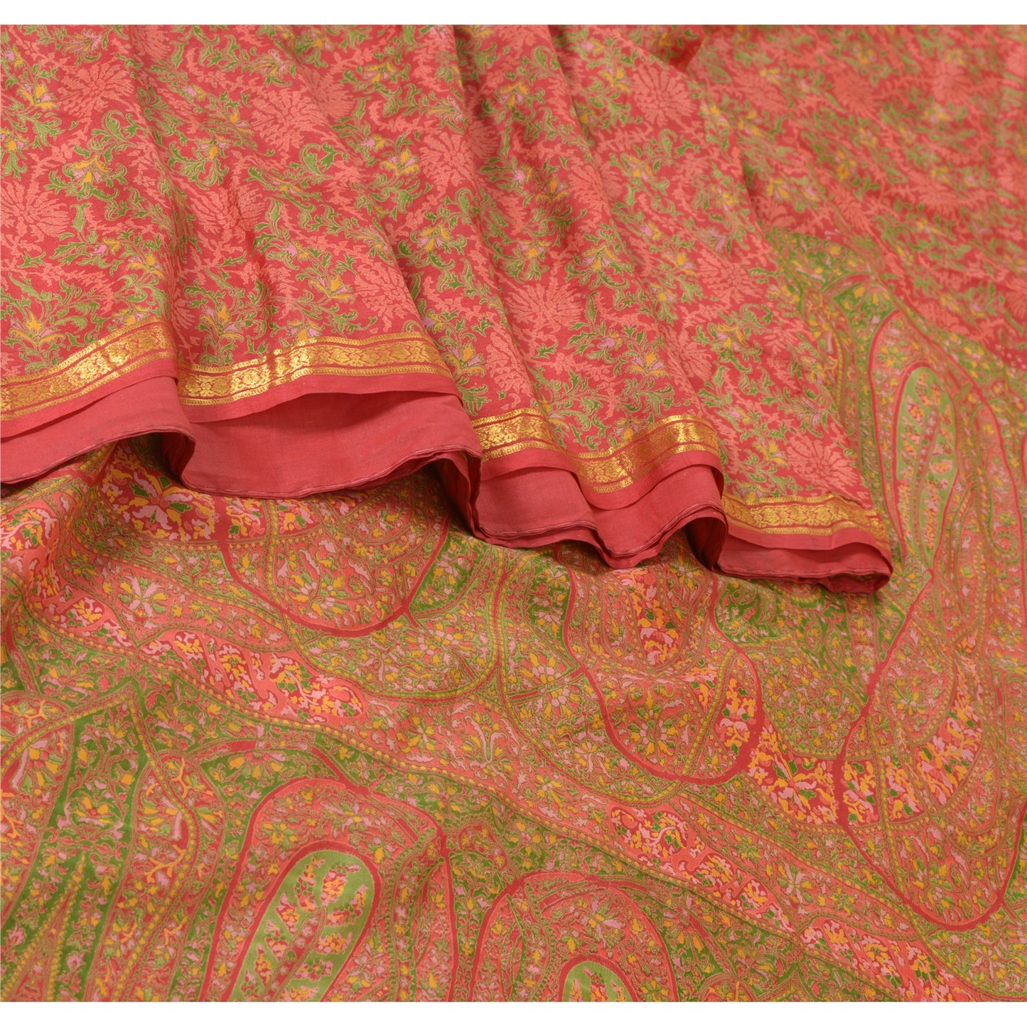 Sanskriti Vintage Sarees Red Zari Border Pure Silk Printed Sari 5yd Craft Sustainable Fabric