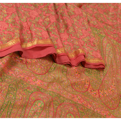 Sanskriti Vintage Sarees Red Zari Border Pure Silk Printed Sari 5yd Craft Sustainable Fabric