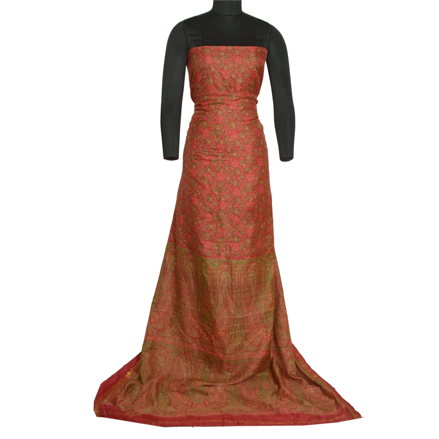 Sanskriti Vintage Sarees Red Zari Border Pure Silk Printed Sari 5yd Craft Sustainable Fabric