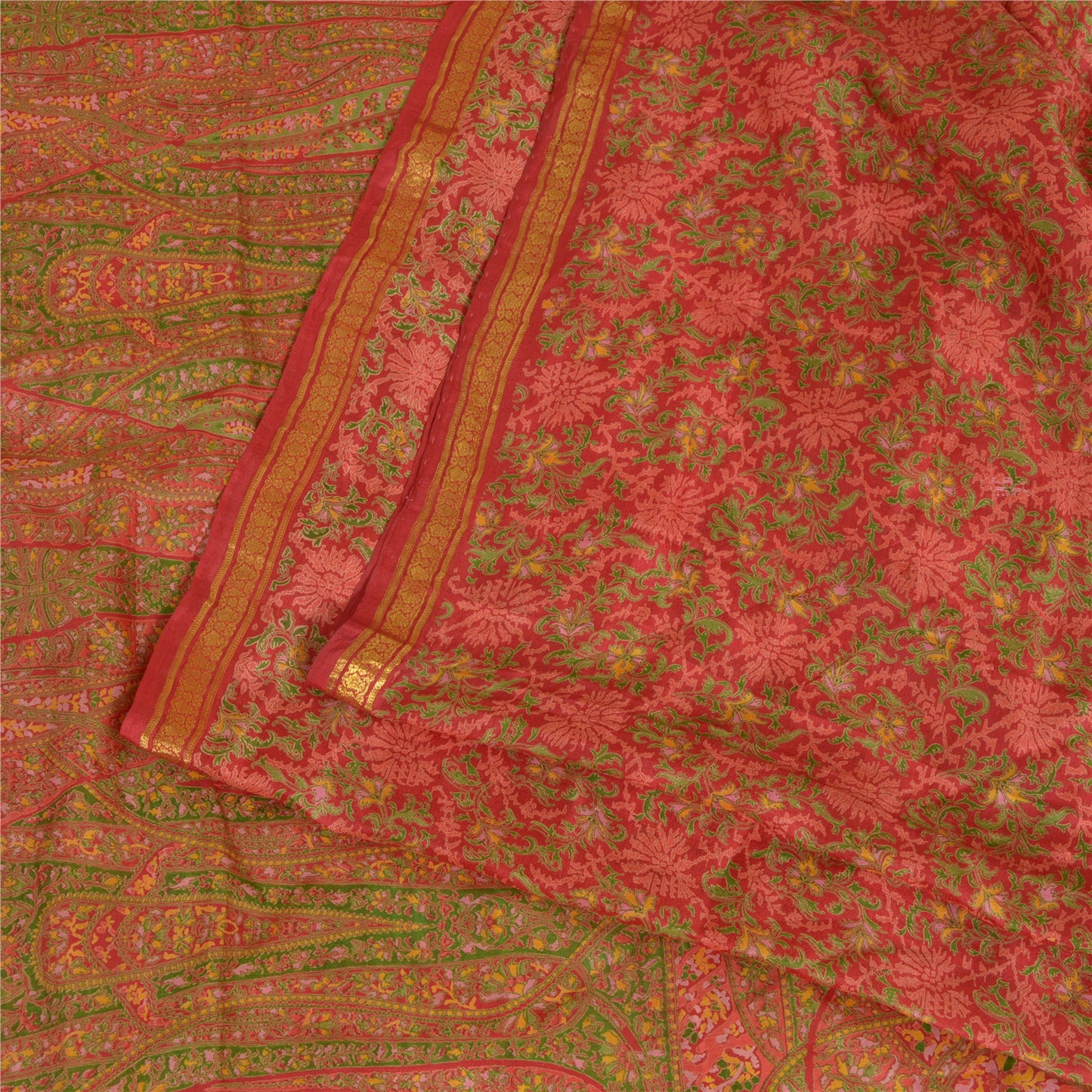 Sanskriti Vintage Sarees Red Zari Border Pure Silk Printed Sari 5yd Craft Sustainable Fabric