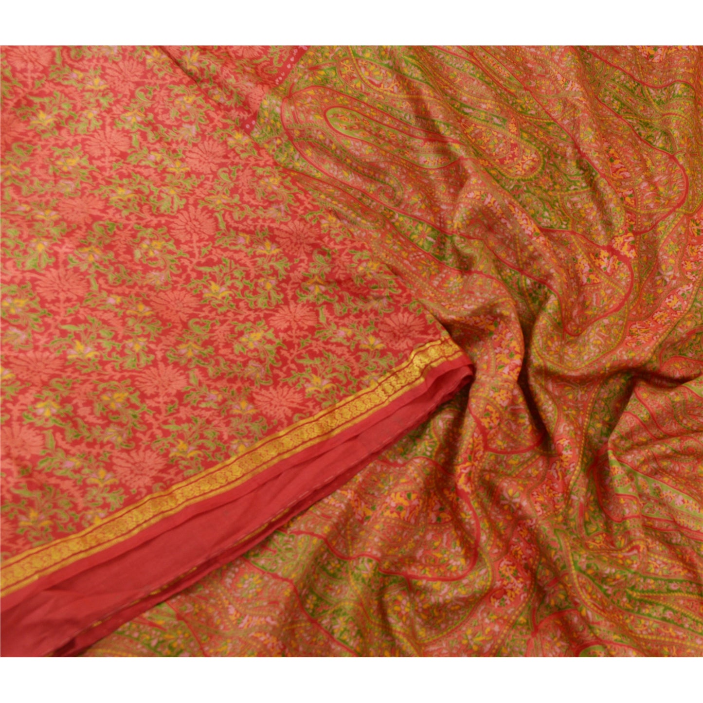 Sanskriti Vintage Sarees Red Zari Border Pure Silk Printed Sari 5yd Craft Sustainable Fabric