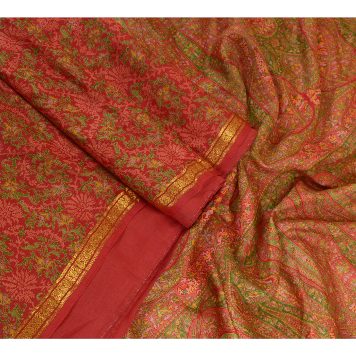 Sanskriti Vintage Sarees Red Zari Border Pure Silk Printed Sari 5yd Craft Sustainable Fabric