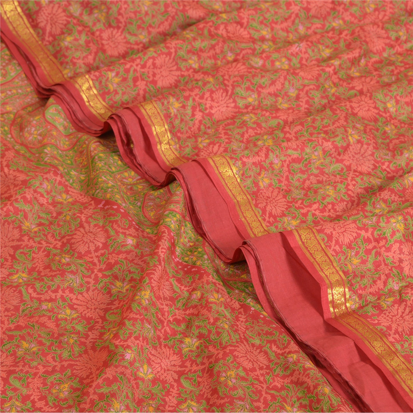 Sanskriti Vintage Sarees Red Zari Border Pure Silk Printed Sari 5yd Craft Sustainable Fabric