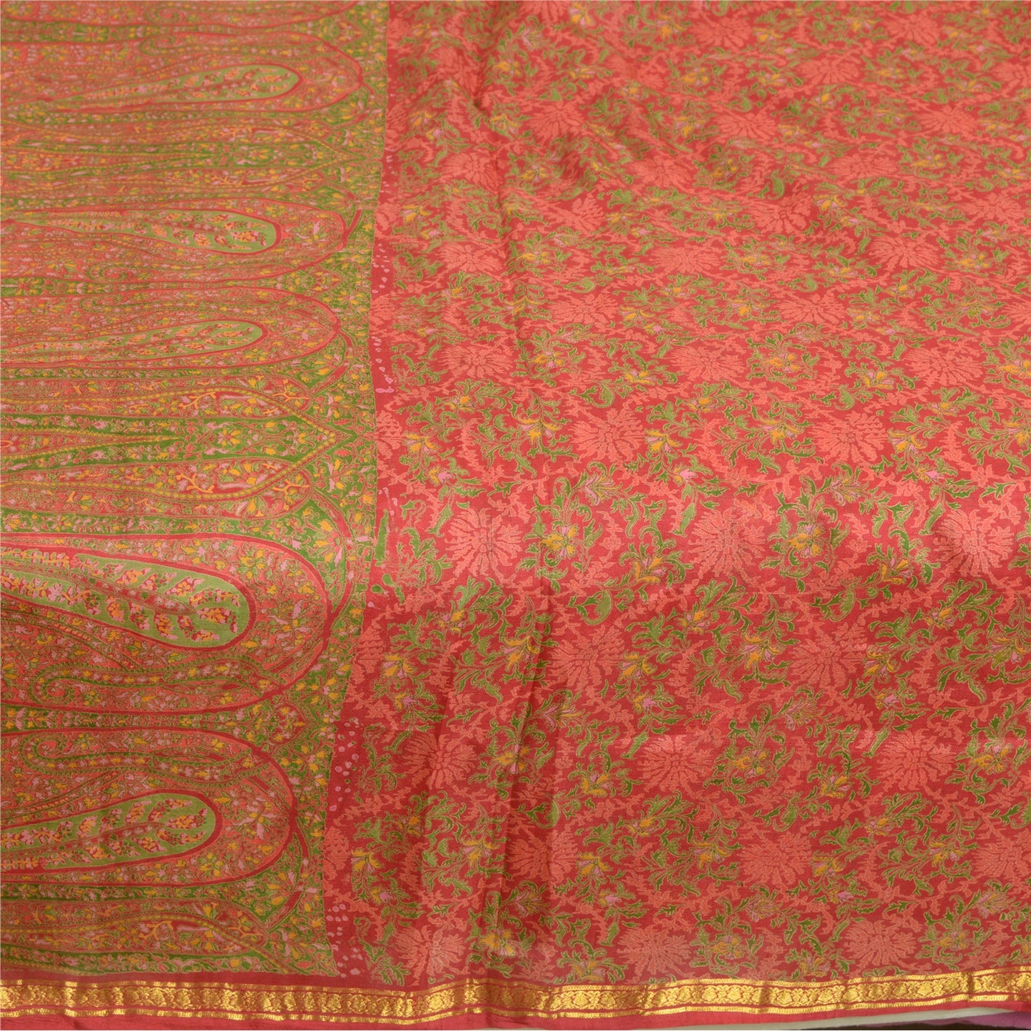 Sanskriti Vintage Sarees Red Zari Border Pure Silk Printed Sari 5yd Craft Sustainable Fabric