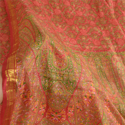 Sanskriti Vintage Sarees Red Zari Border Pure Silk Printed Sari 5yd Craft Sustainable Fabric