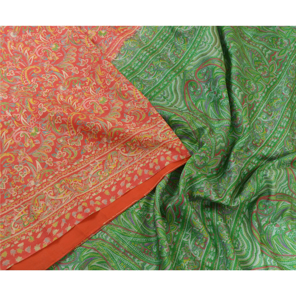Sanskriti Vintage Sarees Red/Green Pure Silk Printed Sari Floral Craft Sustainable Fabric