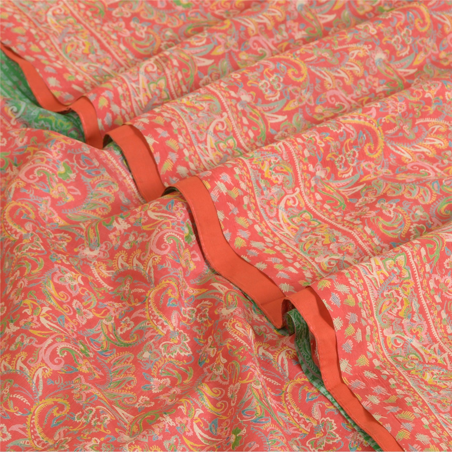 Sanskriti Vintage Sarees Red/Green Pure Silk Printed Sari Floral Craft Sustainable Fabric