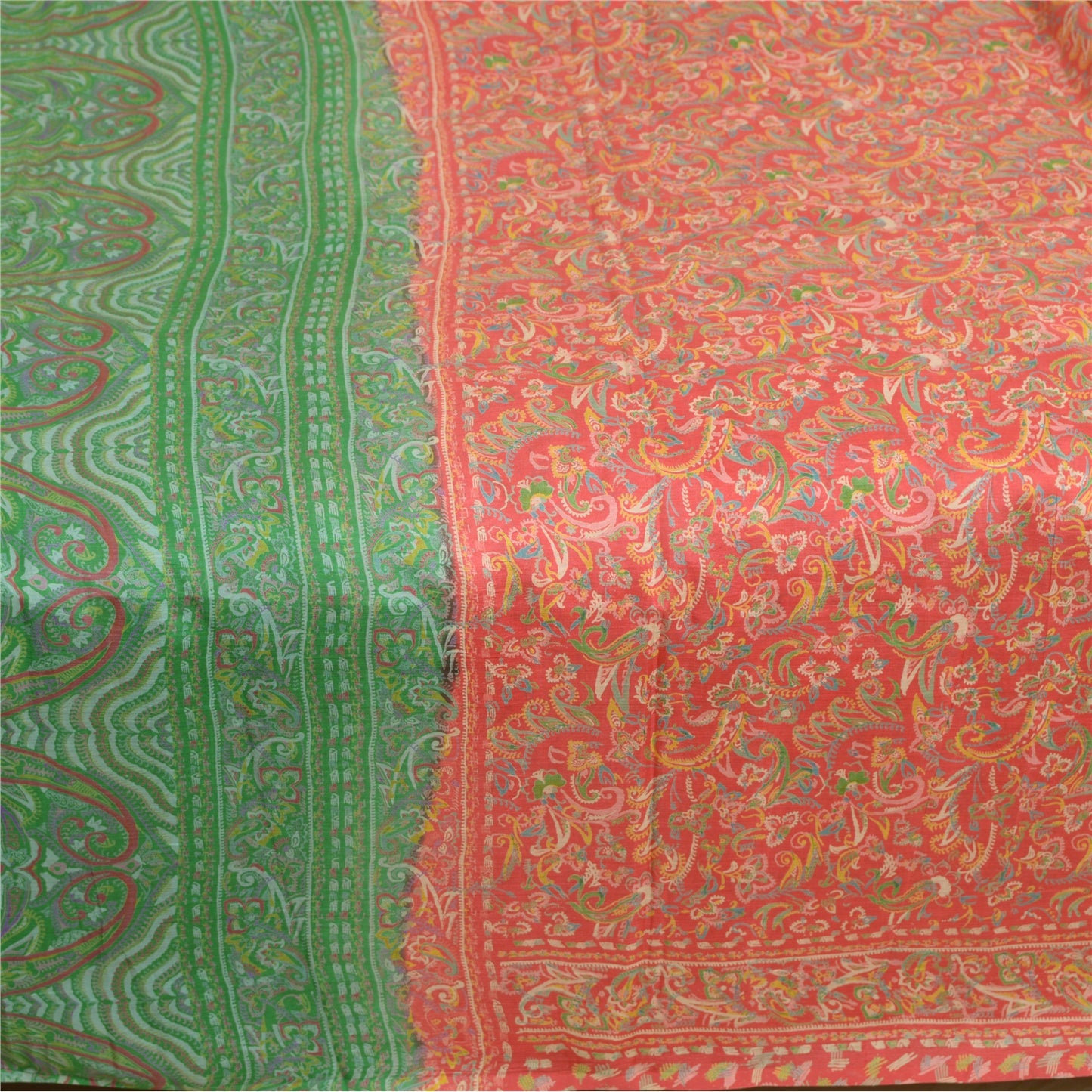 Sanskriti Vintage Sarees Red/Green Pure Silk Printed Sari Floral Craft Sustainable Fabric
