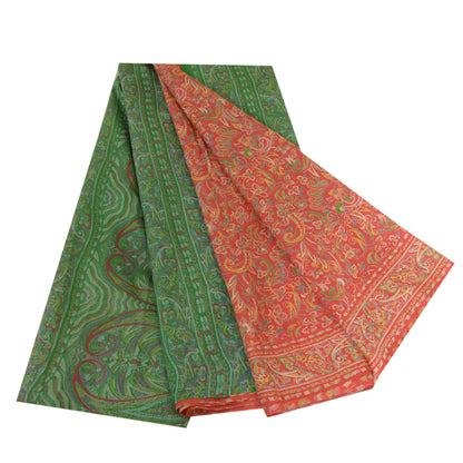 Sanskriti Vintage Sarees Red/Green Pure Silk Printed Sari Floral Craft Sustainable Fabric