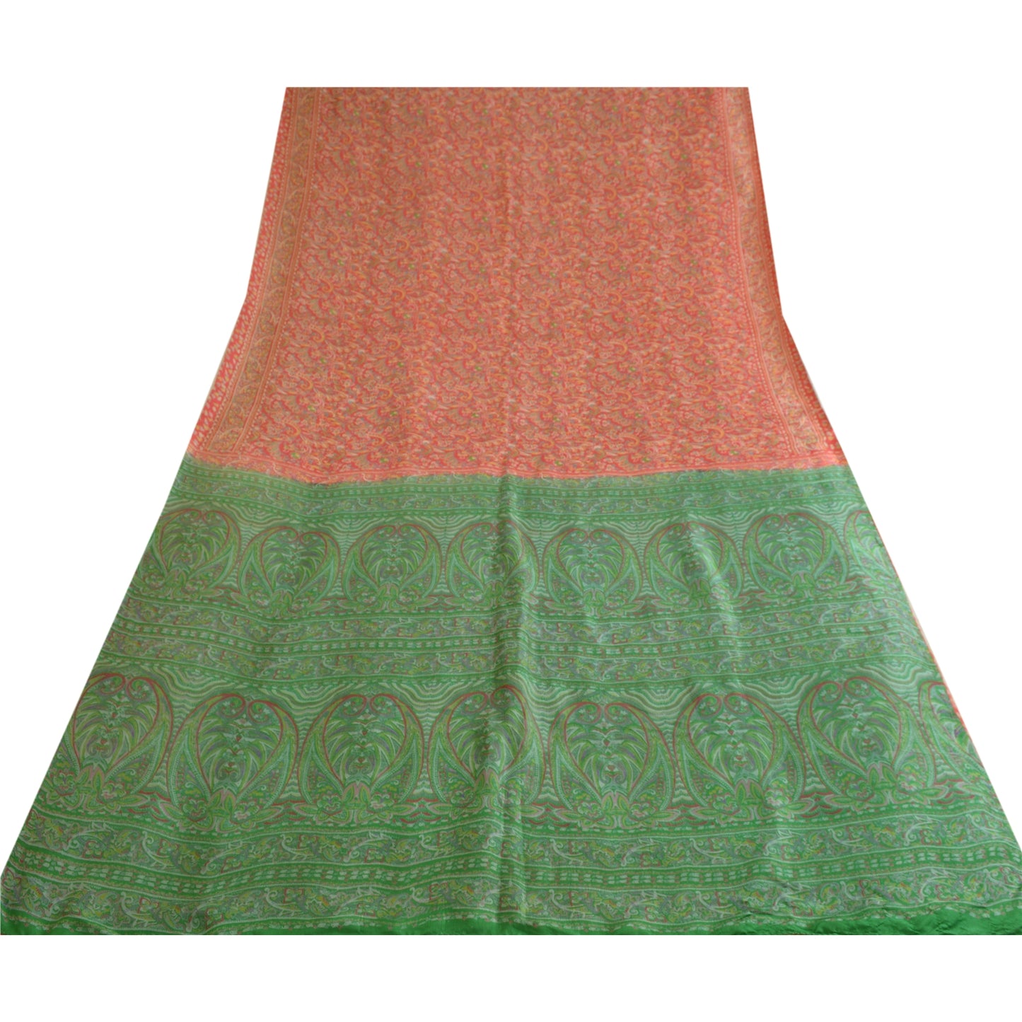 Sanskriti Vintage Sarees Red/Green Pure Silk Printed Sari Floral Craft Sustainable Fabric