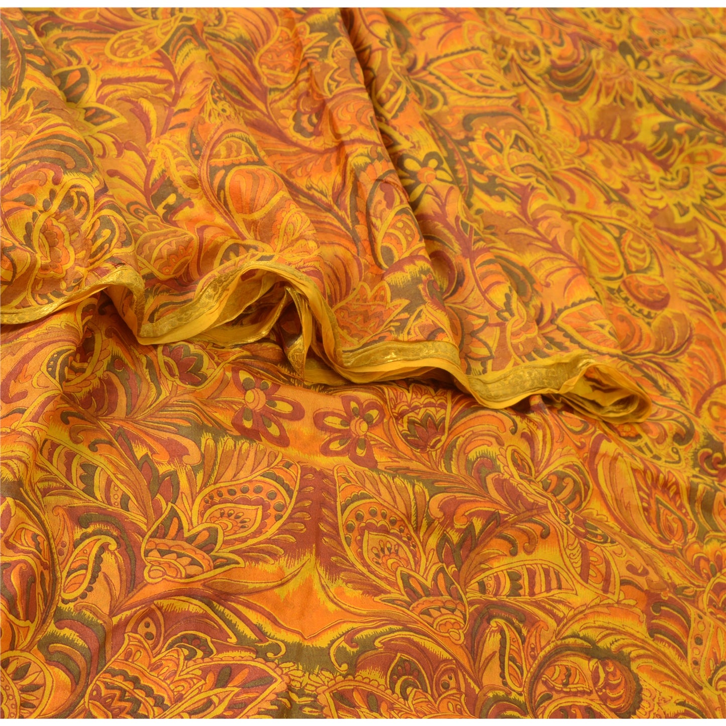 Sanskriti Vintage Sarees Yellow 100% Pure Silk Print Sari 5YD Soft Craft Sustainable Fabric