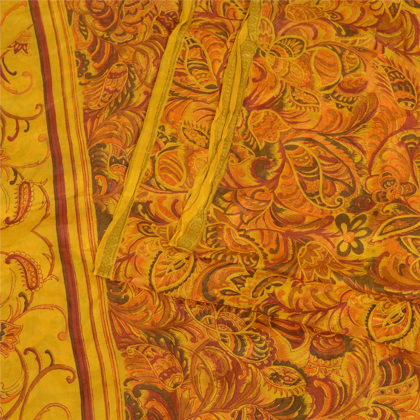 Sanskriti Vintage Sarees Yellow 100% Pure Silk Print Sari 5YD Soft Craft Sustainable Fabric