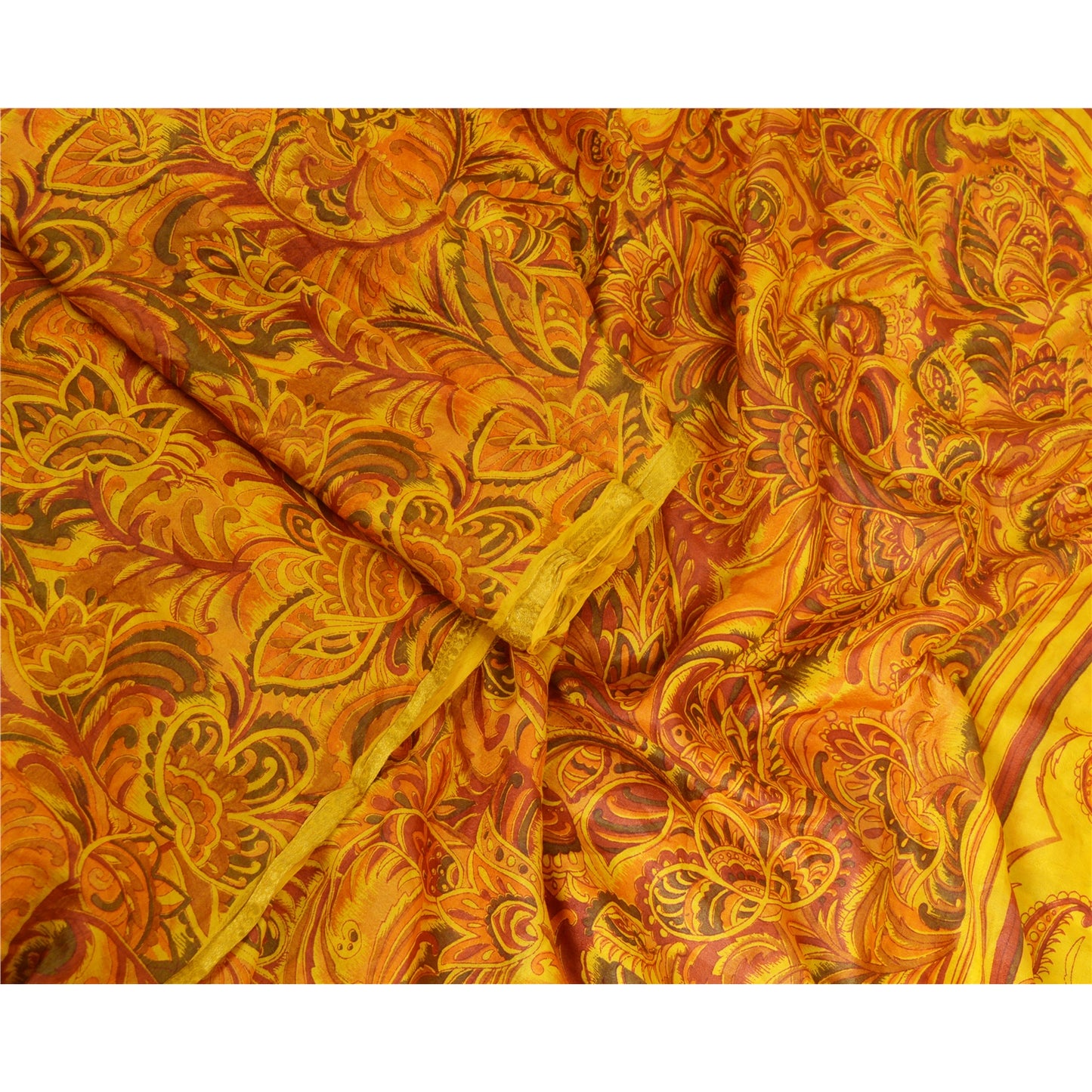 Sanskriti Vintage Sarees Yellow 100% Pure Silk Print Sari 5YD Soft Craft Sustainable Fabric
