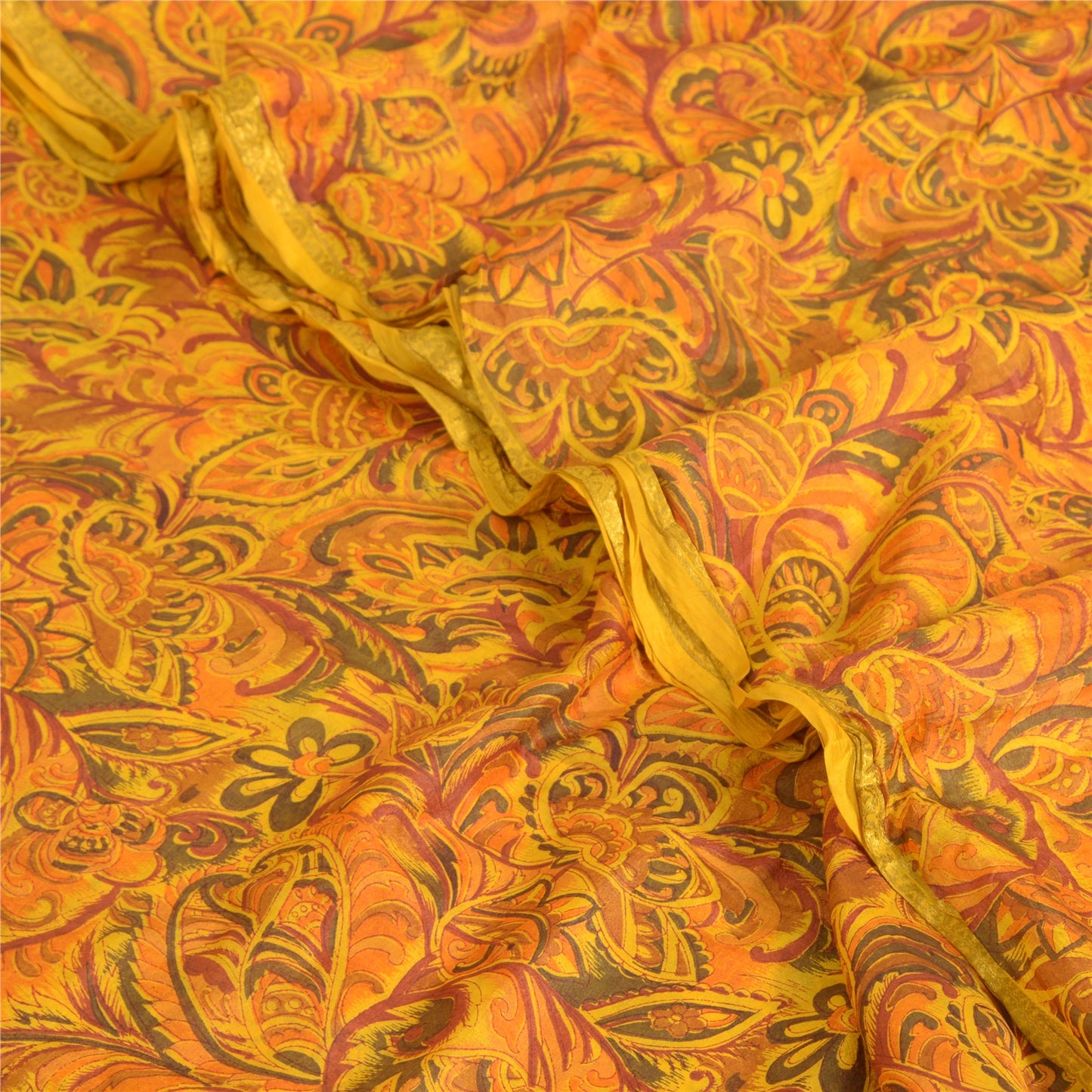 Sanskriti Vintage Sarees Yellow 100% Pure Silk Print Sari 5YD Soft Craft Sustainable Fabric