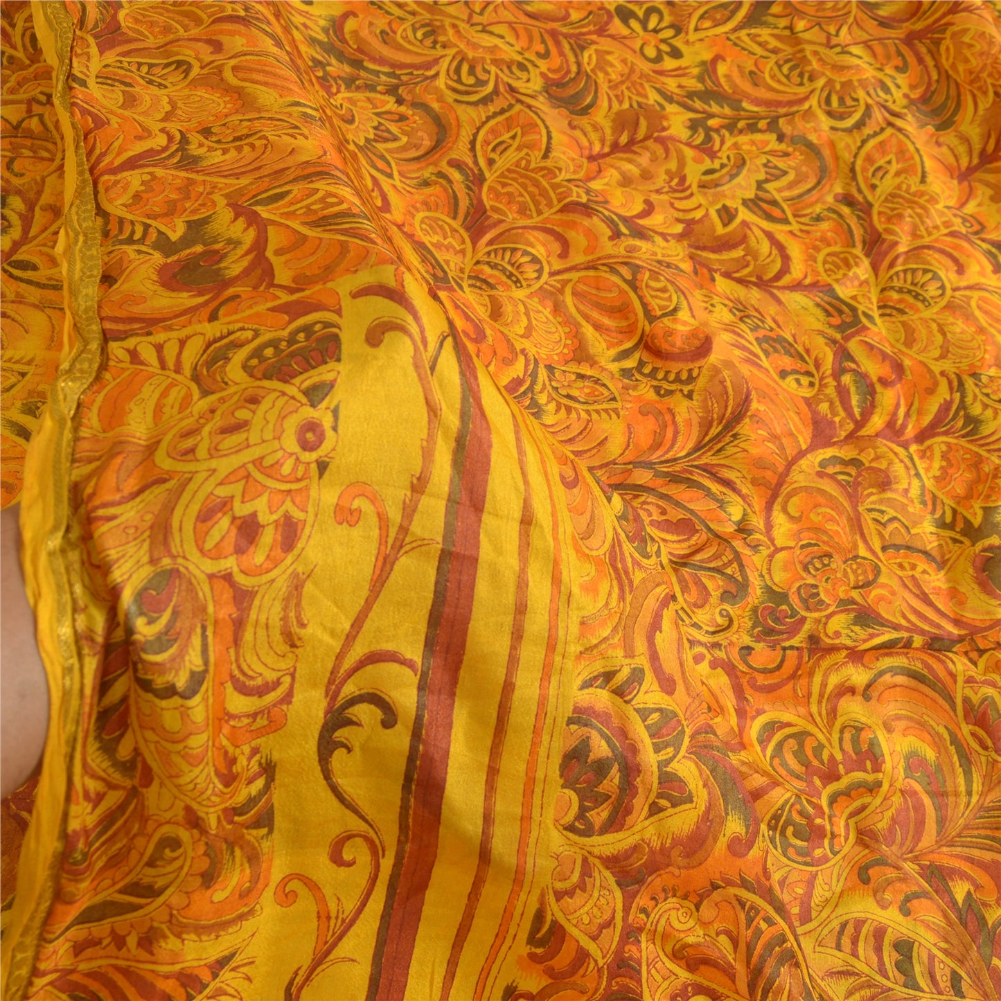 Sanskriti Vintage Sarees Yellow 100% Pure Silk Print Sari 5YD Soft Craft Sustainable Fabric