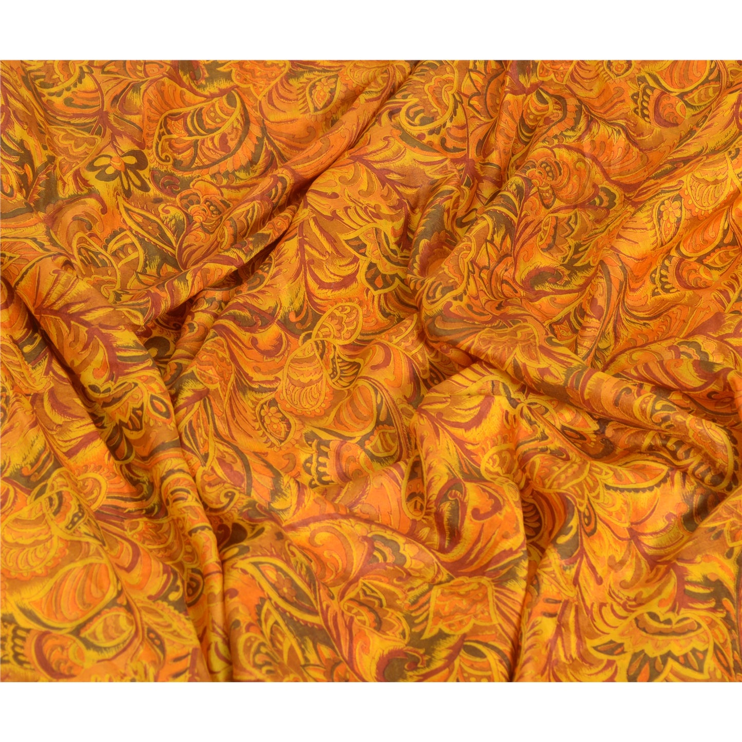 Sanskriti Vintage Sarees Yellow 100% Pure Silk Print Sari 5YD Soft Craft Sustainable Fabric