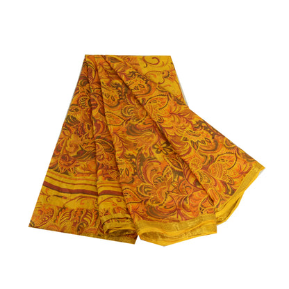Sanskriti Vintage Sarees Yellow 100% Pure Silk Print Sari 5YD Soft Craft Sustainable Fabric