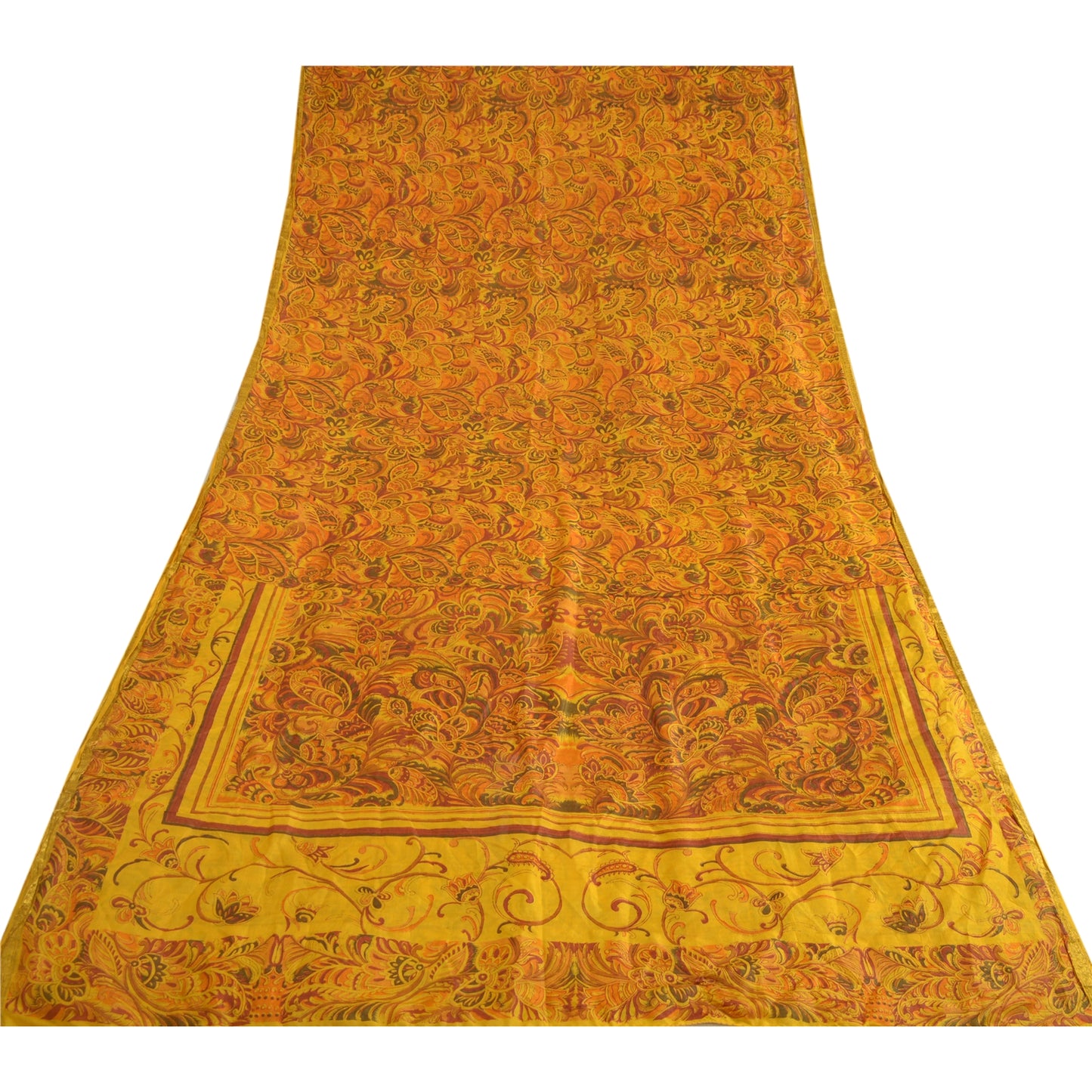 Sanskriti Vintage Sarees Yellow 100% Pure Silk Print Sari 5YD Soft Craft Sustainable Fabric