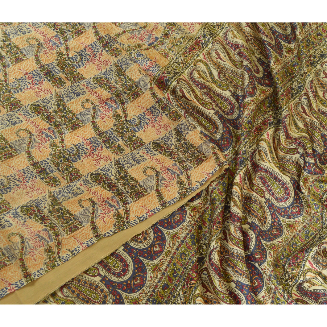 Sanskriti Vintage Sarees Cream Indian Pure Silk Printed Sari 5yd Craft Fabric
