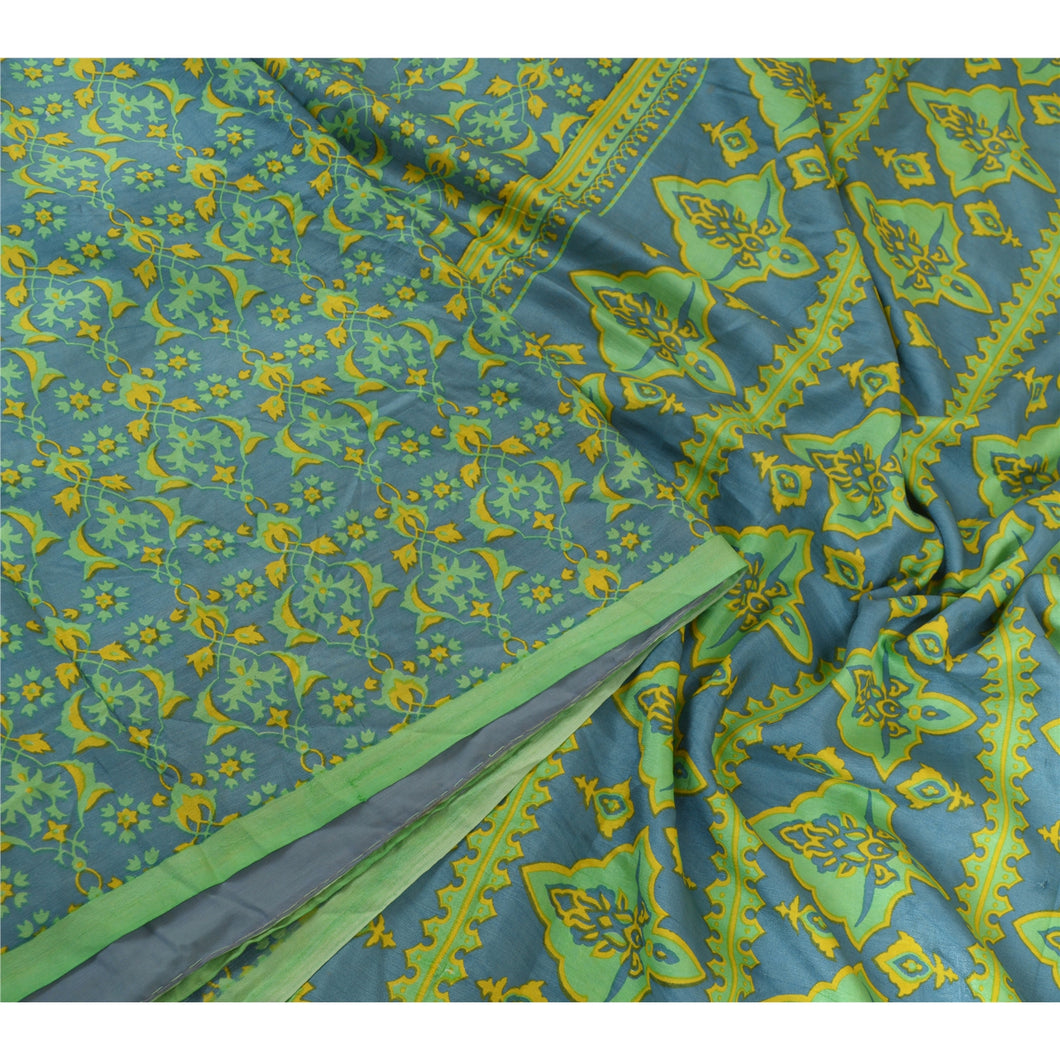 Sanskriti Vintage Sarees Blue/Green Pure Silk Printed Sari Floral Craft Fabric