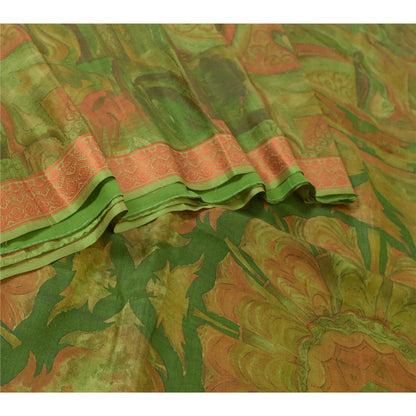 Sanskriti Vintage Sarees Indian Green Pure Silk Printed Sari Floral Craft Sustainable Fabric