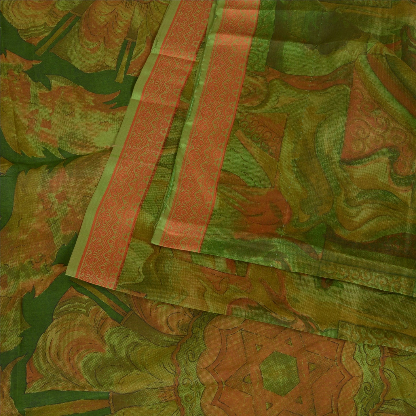 Sanskriti Vintage Sarees Indian Green Pure Silk Printed Sari Floral Craft Sustainable Fabric