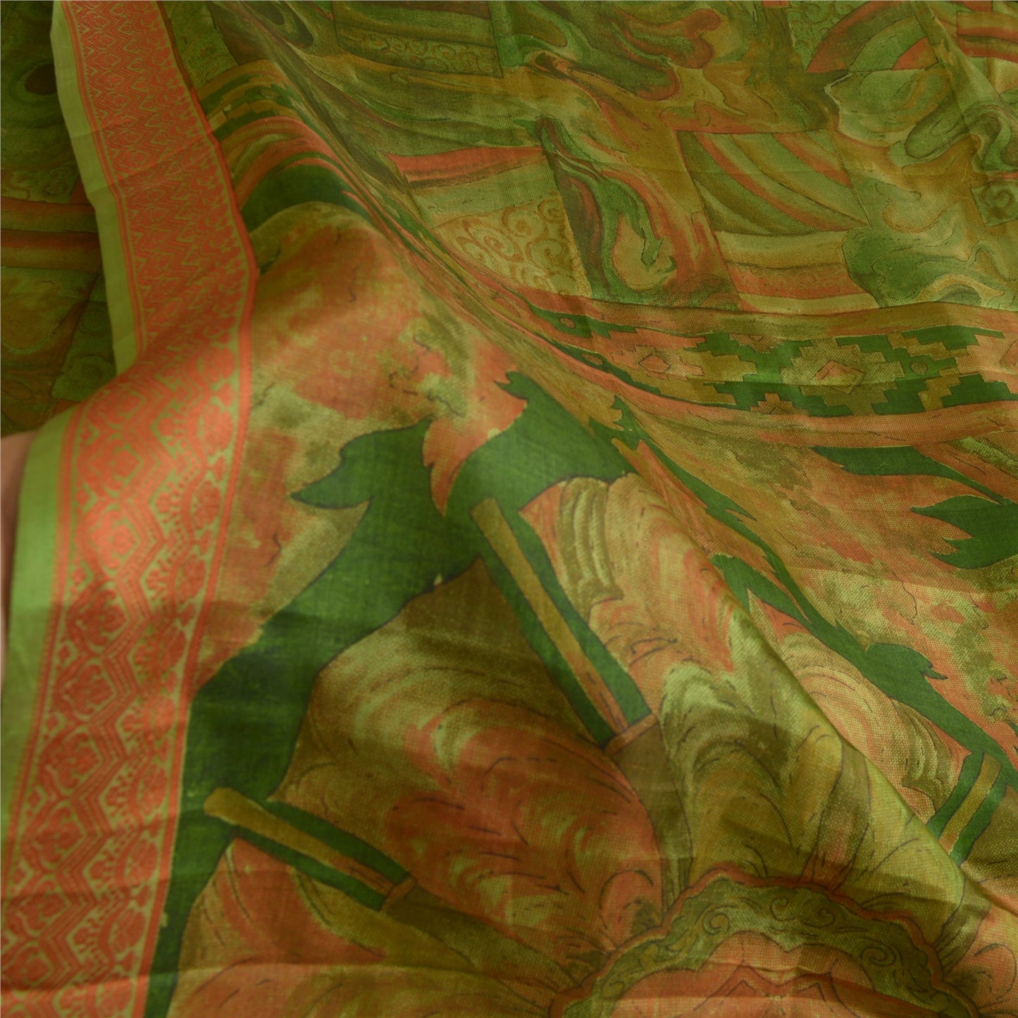 Sanskriti Vintage Sarees Indian Green Pure Silk Printed Sari Floral Craft Sustainable Fabric