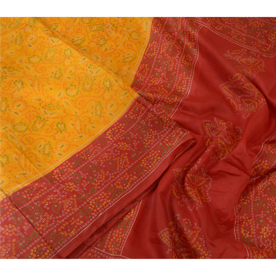Sanskriti Vintage Sarees Yellow/Red Bandhani Printed Pure Silk Sari Craft Fabric