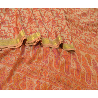 Sanskriti Vintage Sarees Light-Brown Zari Border Pure Silk Printed Sari Sustainable Fabric