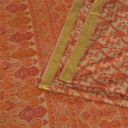 Sanskriti Vintage Sarees Light-Brown Zari Border Pure Silk Printed Sari Sustainable Fabric
