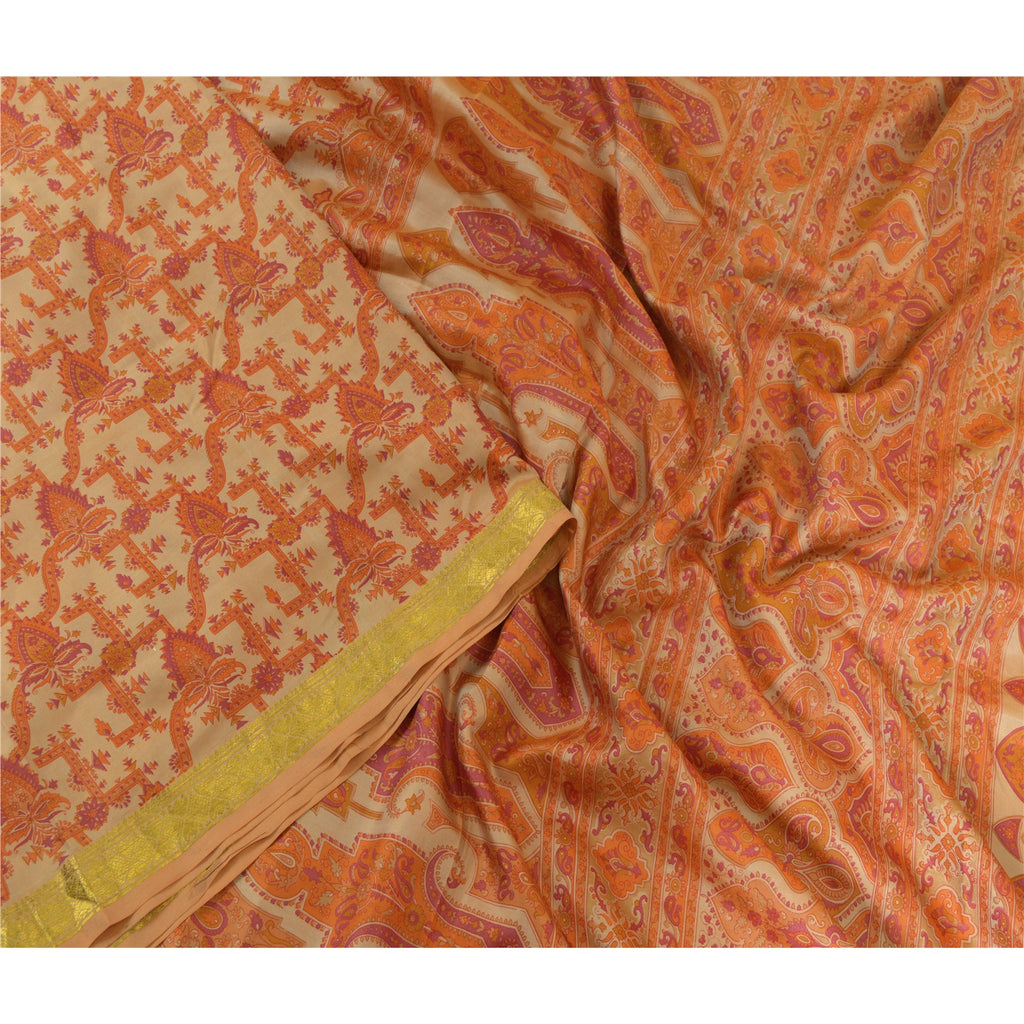 Sanskriti Vintage Sarees Light-Brown Zari Border Pure Silk Printed Sari Sustainable Fabric